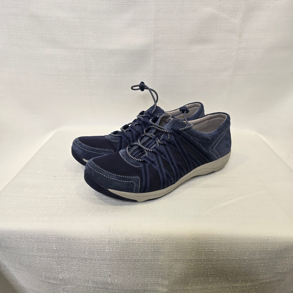 Dansko Honor Shoes Women Size 39 Navy Blue Bungee Lace Leather Mesh